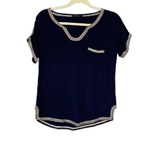 THML navy with Aztec embroidered trim with pocket and cap short sleeve.‎ Size M